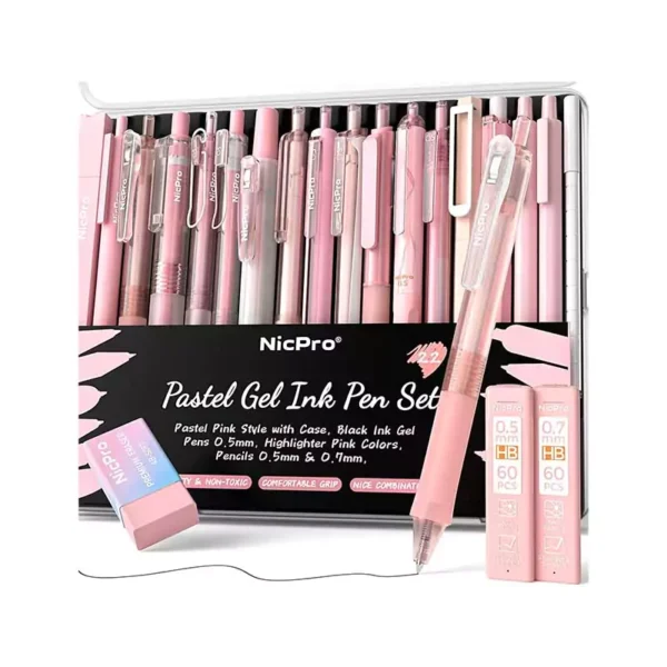 Nicpro 22PCS Pink Gel Ink Pen Set, Cute Aesthetic Pen 0.5mm, 12 Pink Pens Black Ink with 2 Highlighter and 2 Mechanical Pencil 0.5 0.7mm, Fine Point Smooth Writing Pens for Girls, Pink Office Supplies